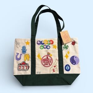 Trader Joe's Green and Cream Painted Tote Bag with beaded accents- LUCKY